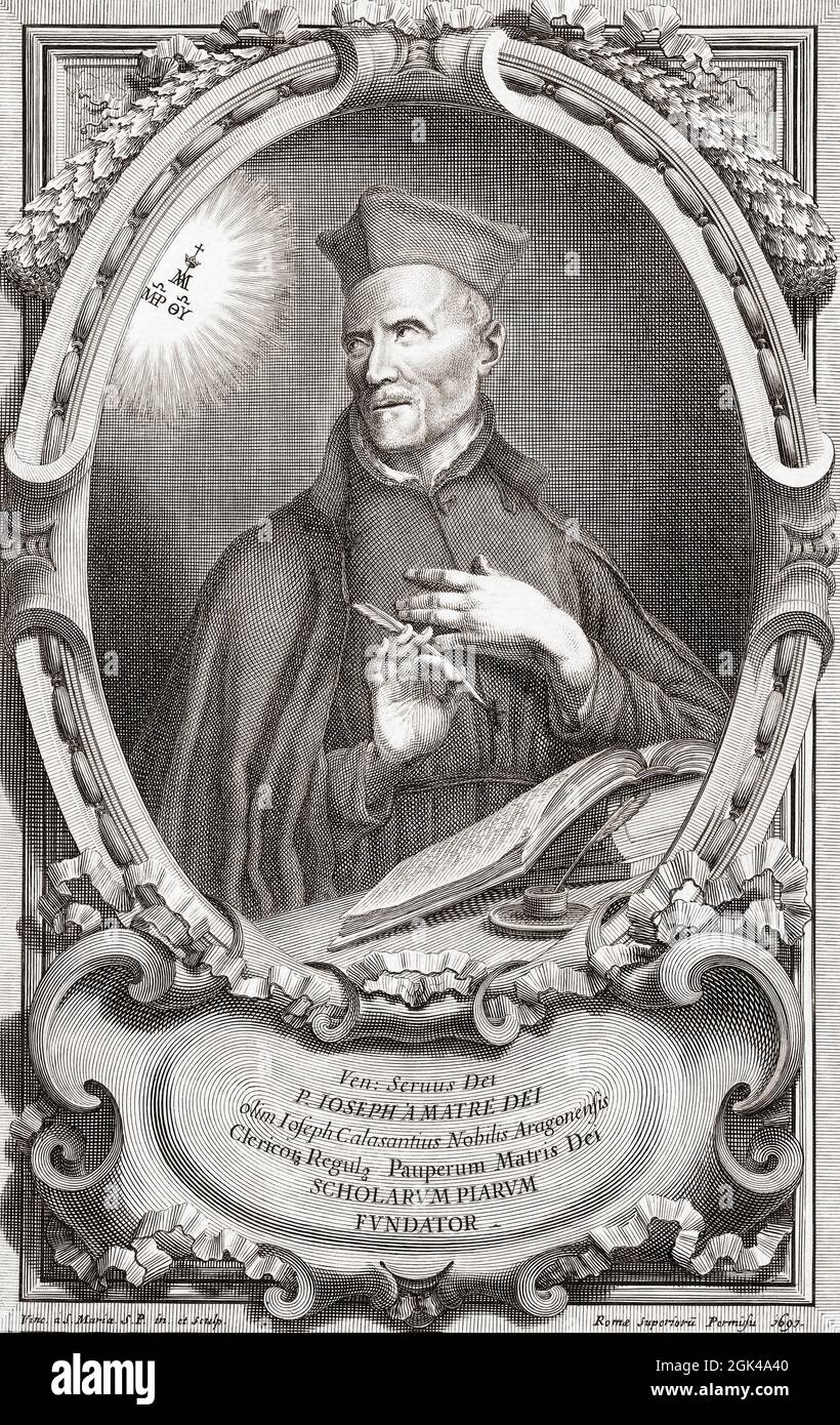 José de Calasanz, 1557 – 1648. Prêtre catholique espagnol également connu sous le nom de Joseph Calasanz, Joseph Calasanctius et Iosephus a Mater Dei. À Rome, en 1597, il a ouvert la première école publique gratuite en Europe et, par la suite, avec l'aide de l'ordre religieux Piariste, qu'il a fondé, a ouvert une chaîne d'écoles pieuses qui fournissaient une éducation gratuite aux fils des pauvres. Il a plus tard ouvert d'autres écoles pieux autour de l'Europe. Il a été canonisé en tant que saint en 1767. Après une œuvre de Vincenzo à Santa Maria. Banque D'Images