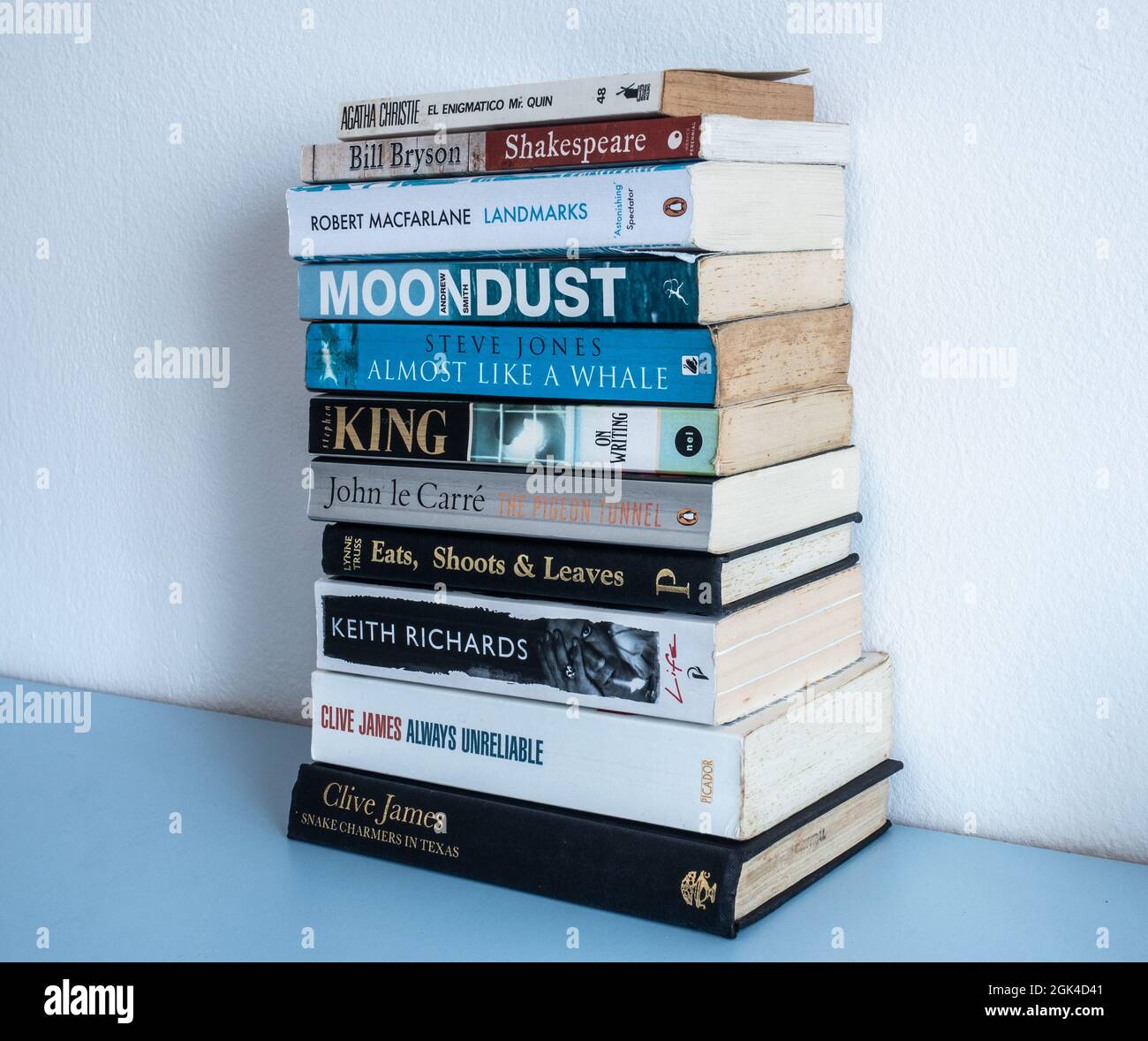 Pile de livres sur étagère dans la maison. Banque D'Images