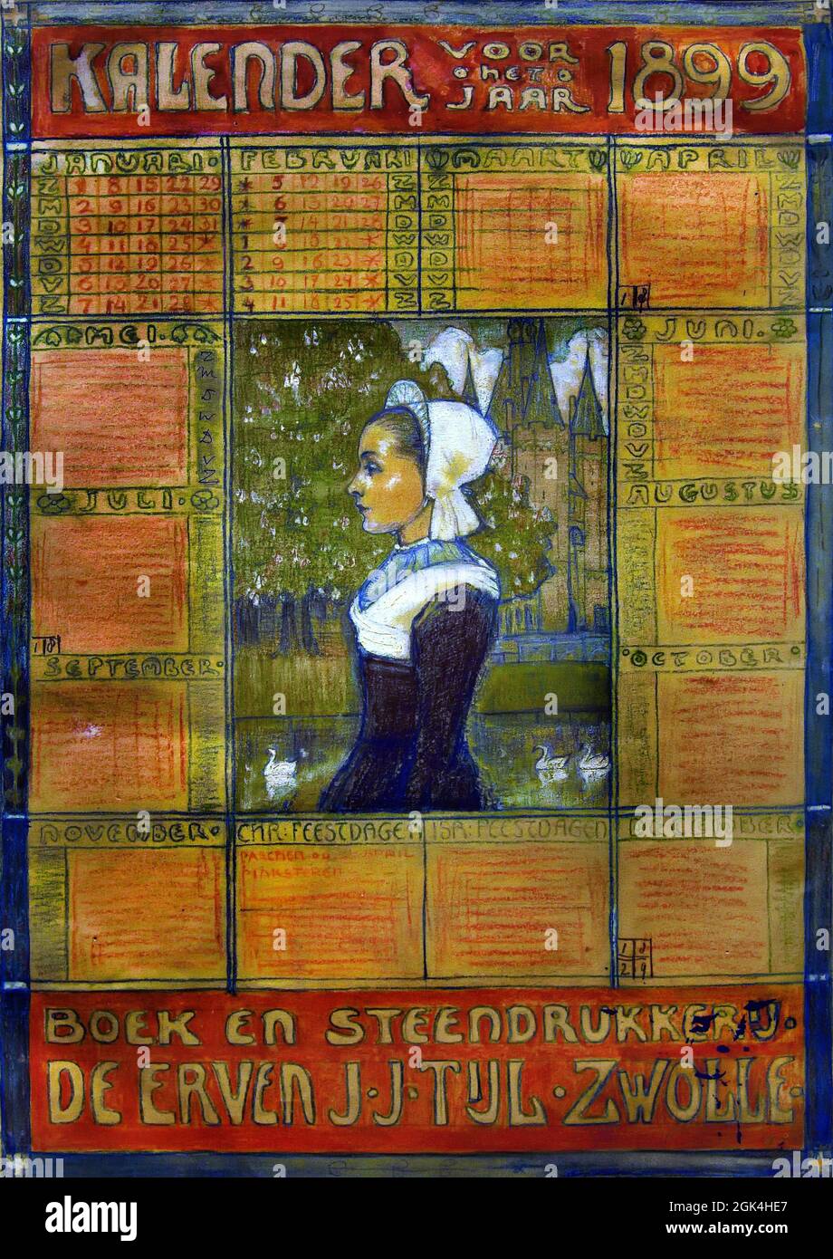 Calendrier des filles de l'agriculteur 1899 par Johan Cohen ( Boek et Steendrukkerij de Erven J.J. Tijl. Zwolle, 1898, ) pays-Bas, Hollandais, Book and Stone Printing Company Banque D'Images