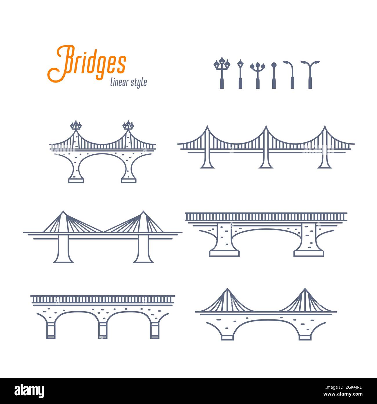 Ensemble de vecteurs de lignes de ponts et de feux de rue. Divers ponts et lumières de rue. Illustration vectorielle de style sur fond blanc. Illustration de Vecteur