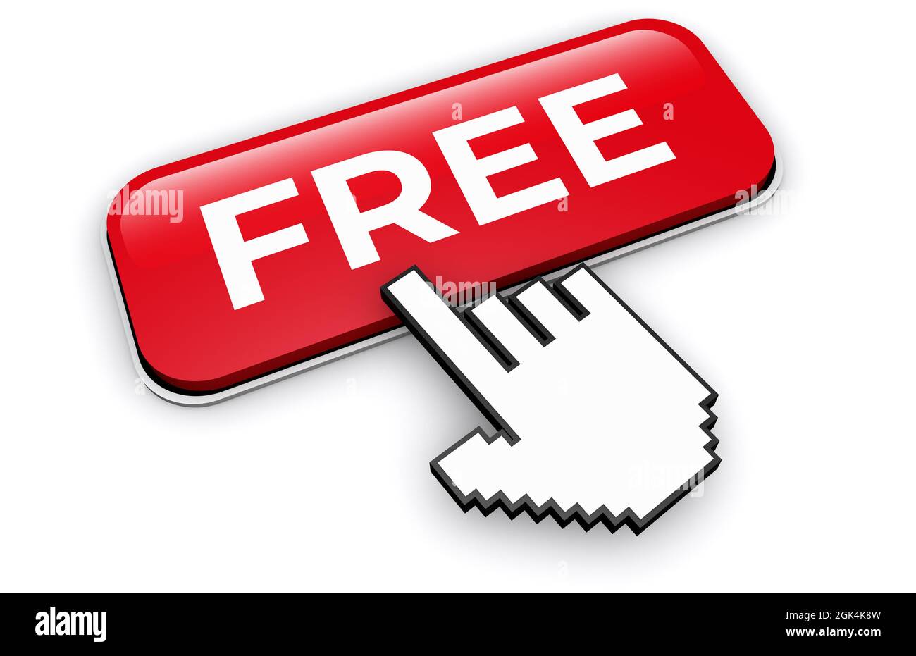 Concept de contenu promotionnel de marketing en ligne numérique de mot et signe gratuit avec curseur à main cliquant sur un bouton Web rouge isolé sur fond blanc. Banque D'Images