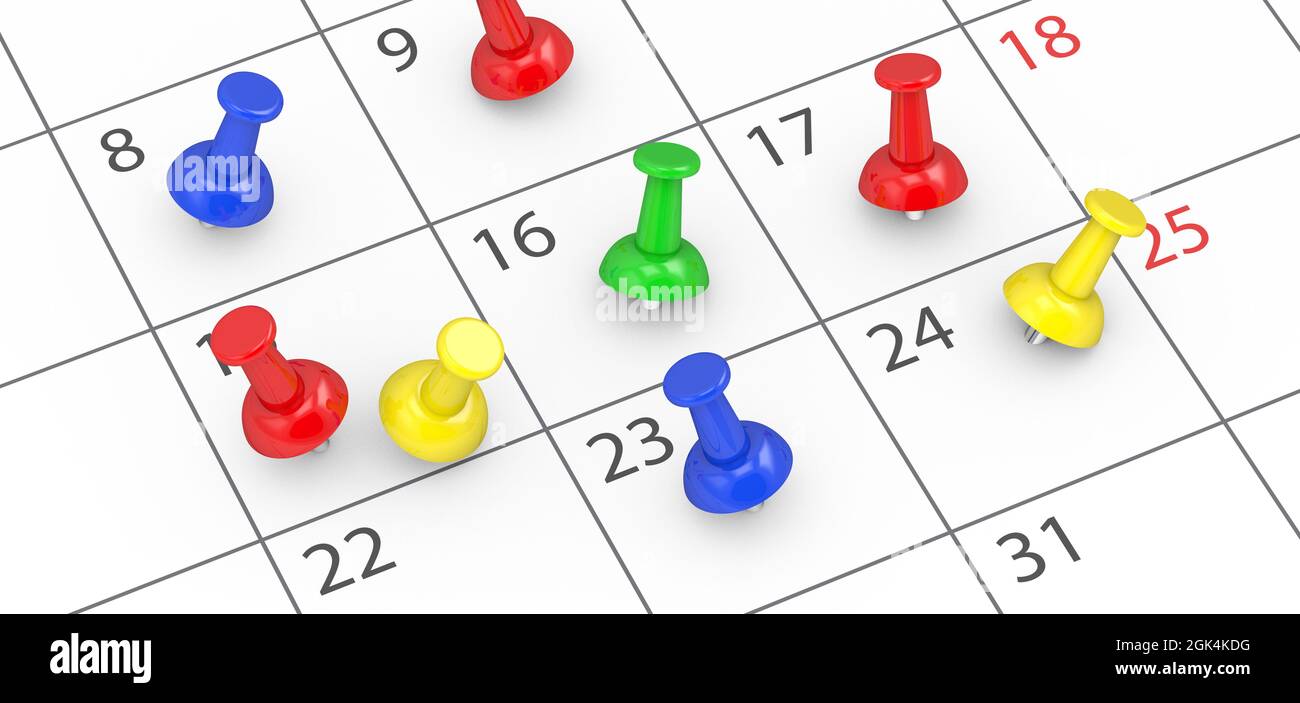 Concept de gestion du temps d'affaires, de délais et de planification d'événements avec de nombreuses punaises colorées sur une page de calendrier illustration 3D. Banque D'Images