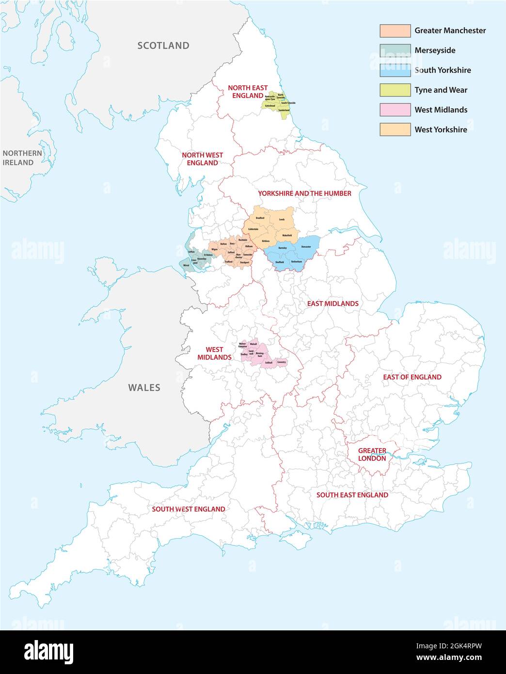 Carte vectorielle des six comtés métropolitains d'Angleterre, Royaume-Uni Illustration de Vecteur