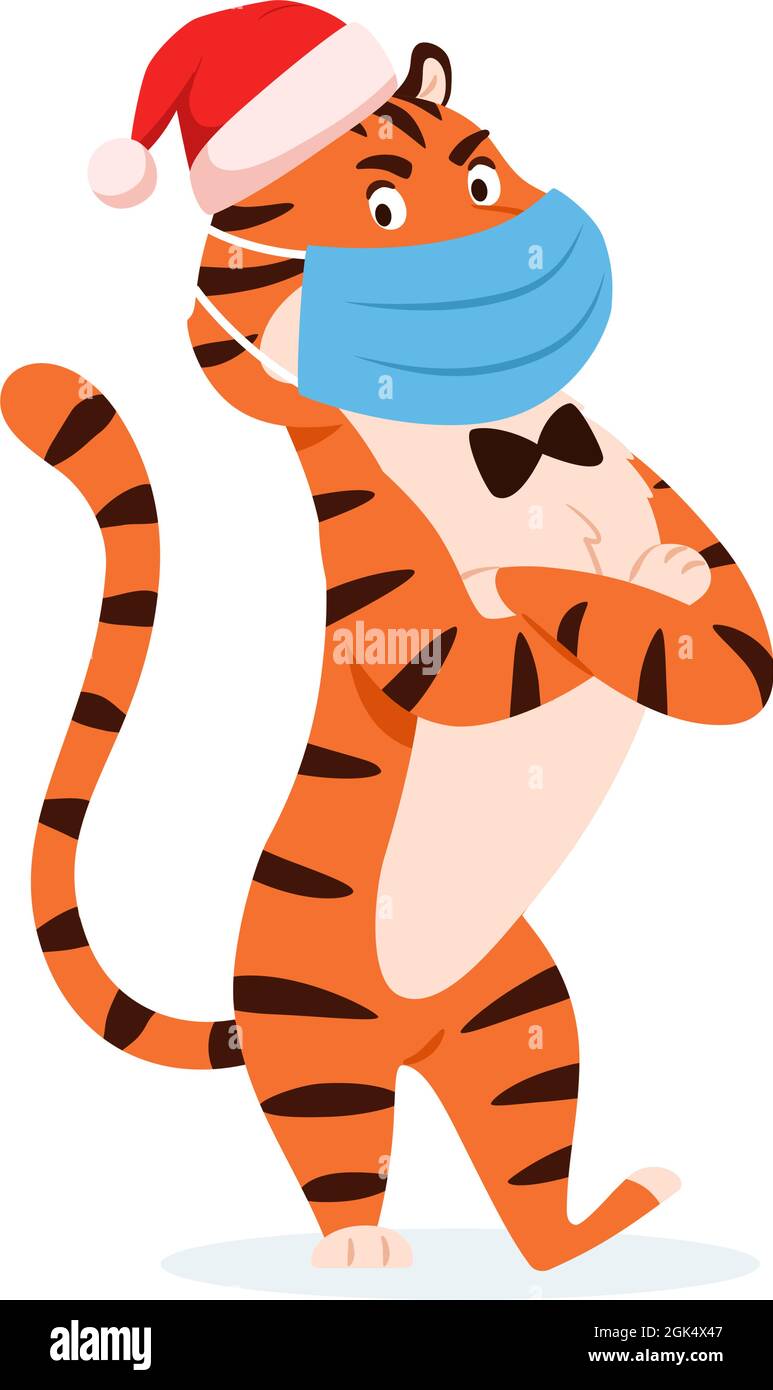 Dessin animé tigre en colère dans chapeau de père Noël dans le masque de visage Illustration de Vecteur
