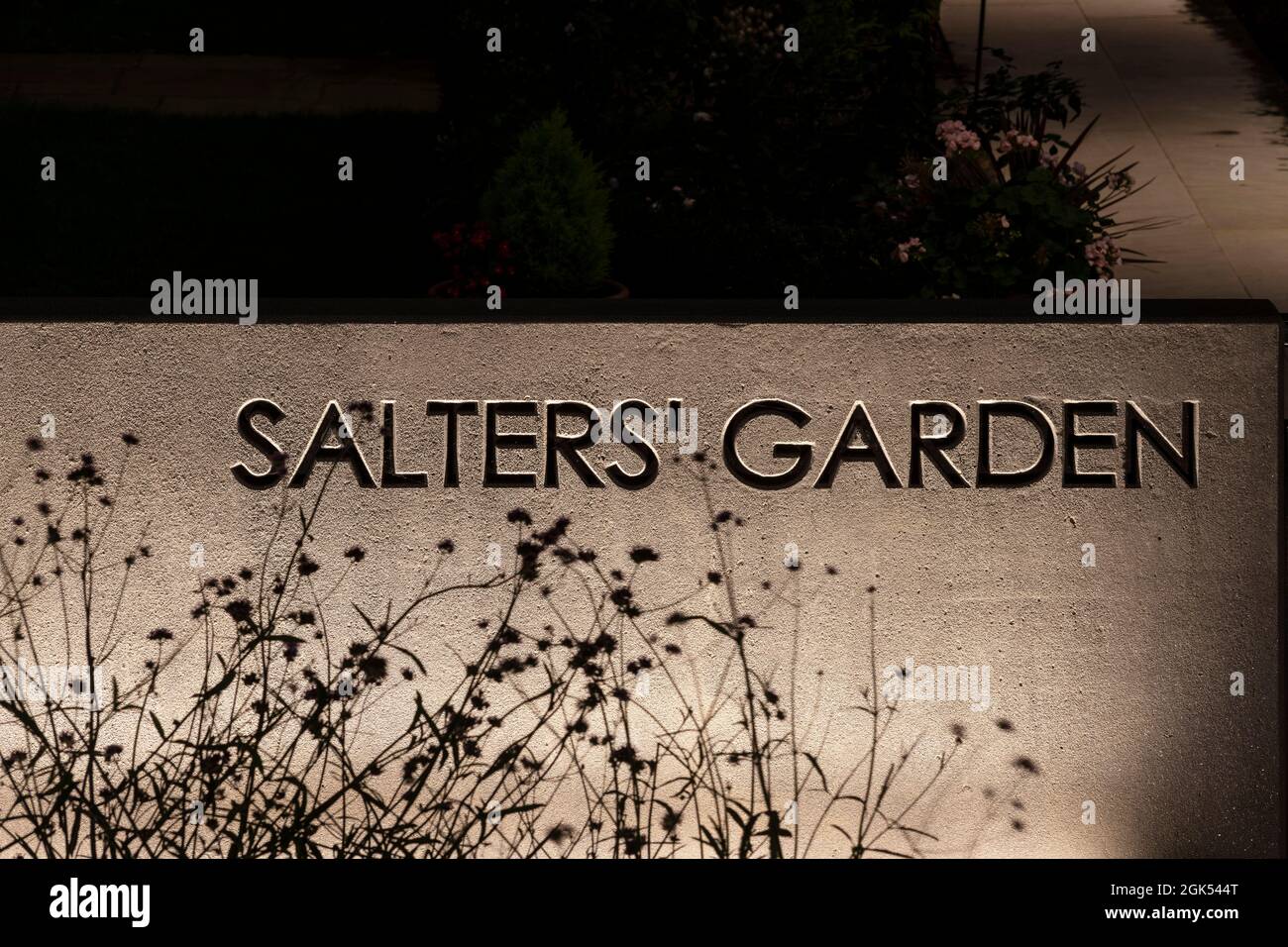 Plantation de jardins de saltes et détails de signalisation de nuit. London Wall place, Londres, Royaume-Uni. Architecte : Make Ltd, 2019. Banque D'Images