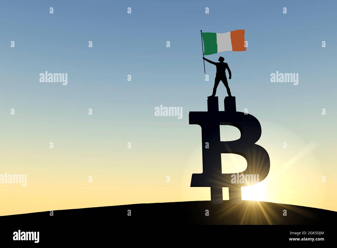 Personne agitant un drapeau irlandais au-dessus d'un symbole de crypto-monnaie en bitcoin. Rendu 3D Banque D'Images