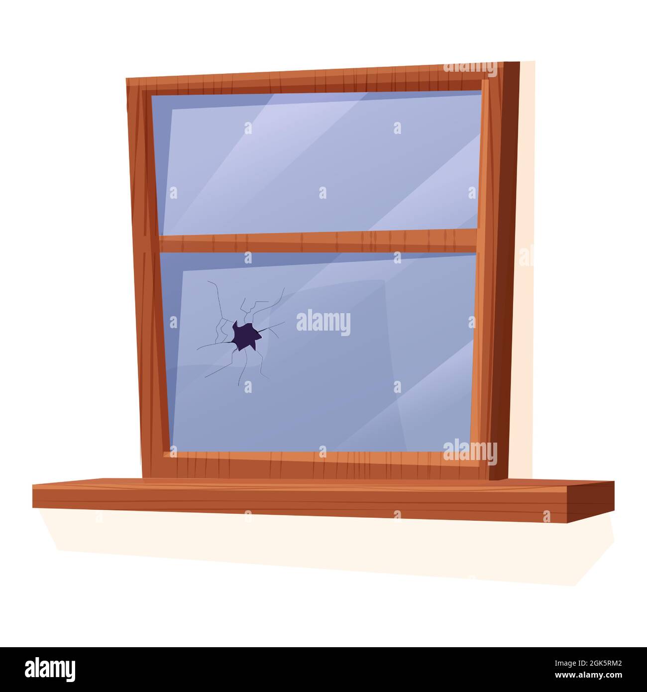 Fenêtre en bois avec verre cassé et fissuré dans le style de dessin animé isolé sur fond blanc. Accident, construction abandonnée. Illustration vectorielle Illustration de Vecteur
