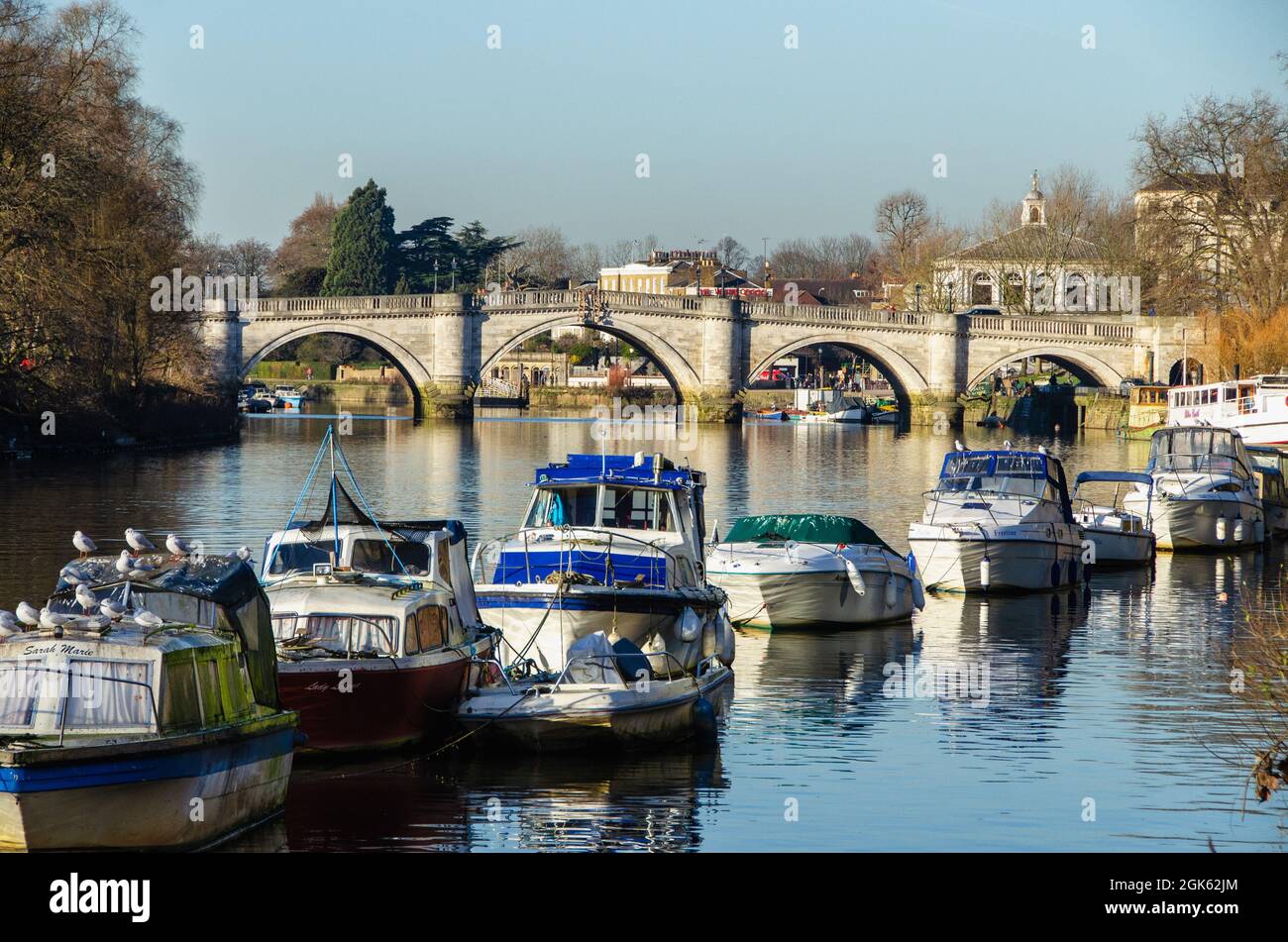 Bateaux de plaisance amarrés sur la Tamise avec le pont Richmond en arrière-plan, Richmond-upon-Thames, Surrey, Angleterre Banque D'Images