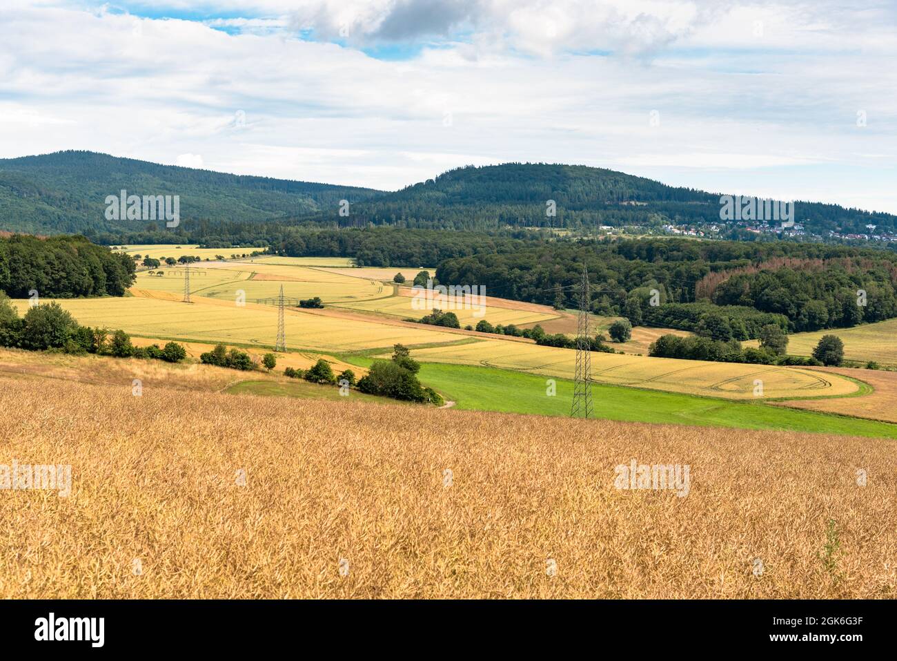 Paysage rural vallonné avec des collines boisées en arrière-plan lors d'une journée d'été partiellement nuageux. Les lignes électriques traversent les champs cultivés. Banque D'Images