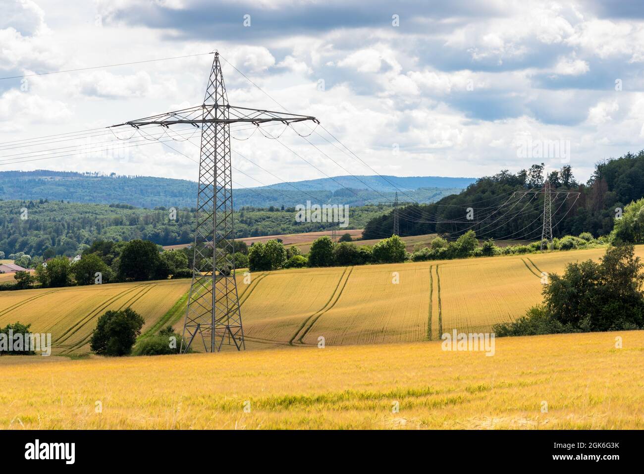 Pylônes d'électricité dans les champs cultivés un jour d'été nuageux, les collines boisées sont en arrière-plan. Banque D'Images