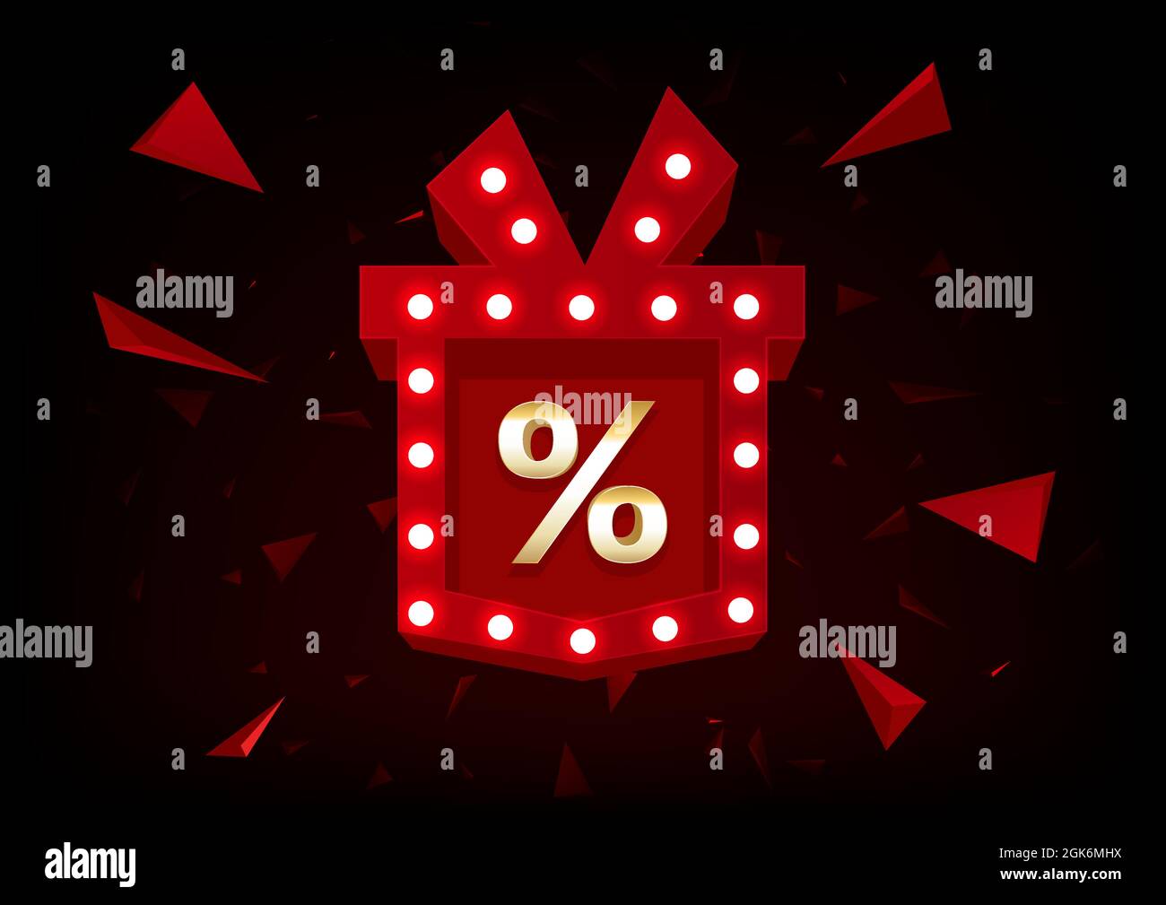 Symbole de pourcentage de ventes isolé sur la boîte cadeau dorée. Icône de vecteur d'offres spéciales. Affiche de réduction sur fond sombre Illustration de Vecteur