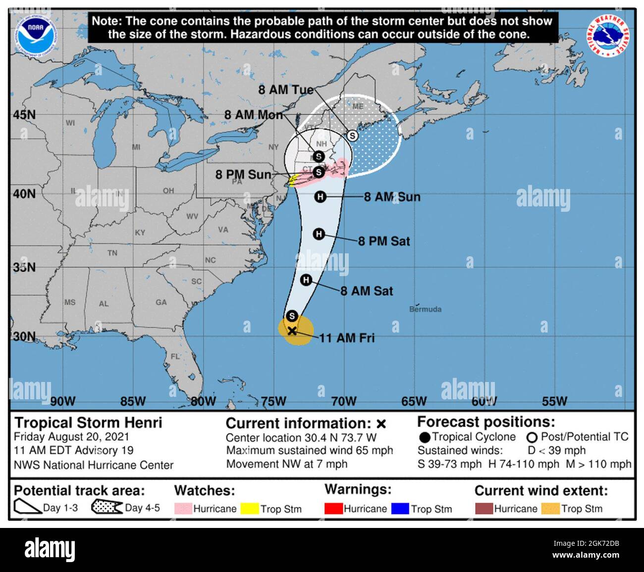 La piste projetée de la tempête tropicale Henri par le Service météorologique national en date du 20 août 2021. La tempête devrait tomber en Nouvelle-Angleterre le dimanche 22 août 2021. Banque D'Images