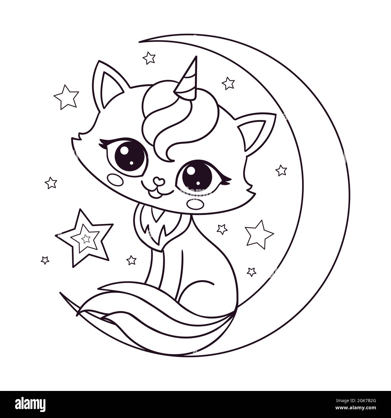 Le joli chaton licorne se trouve sur la lune.Dessin linéaire noir-blanc.Vecteur Illustration de Vecteur