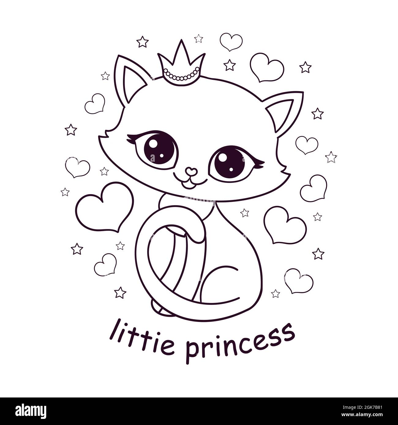 Joli petit chaton portant une couronne.Dessin linéaire noir et blanc.Vecteur Illustration de Vecteur