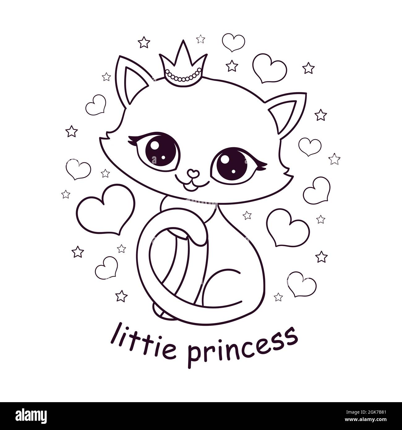 Mignon Petit Chaton Dans La Couronne Texte Petite Princesse Dessin Lineaire Noir Et Blanc Pour La Conception De Tirages Affiches Autocollants Cartes Postales Coloriage P Image Vectorielle Stock Alamy