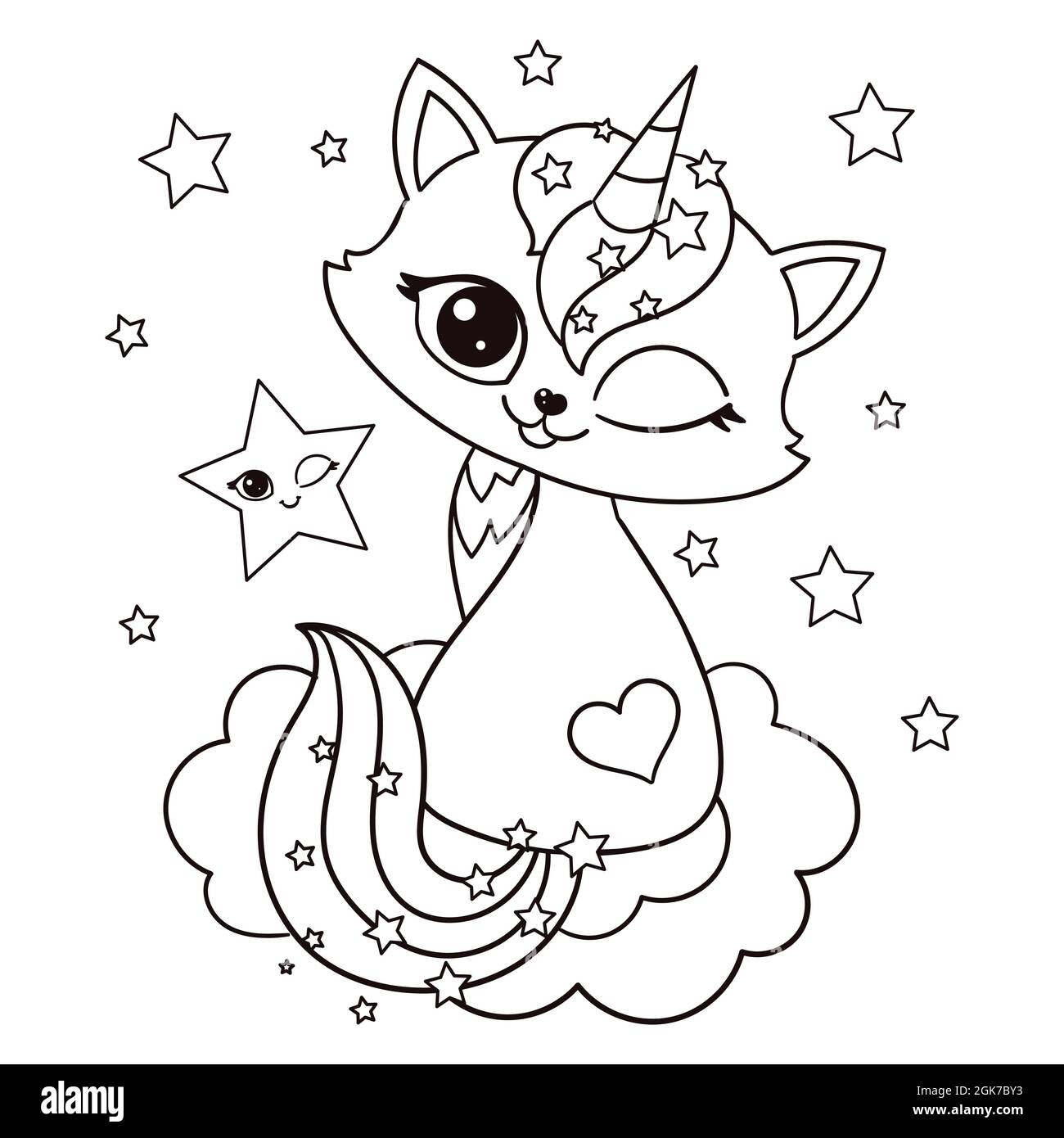 Adorable chat licorne.image linéaire noir et blanc.vecteur Illustration de Vecteur