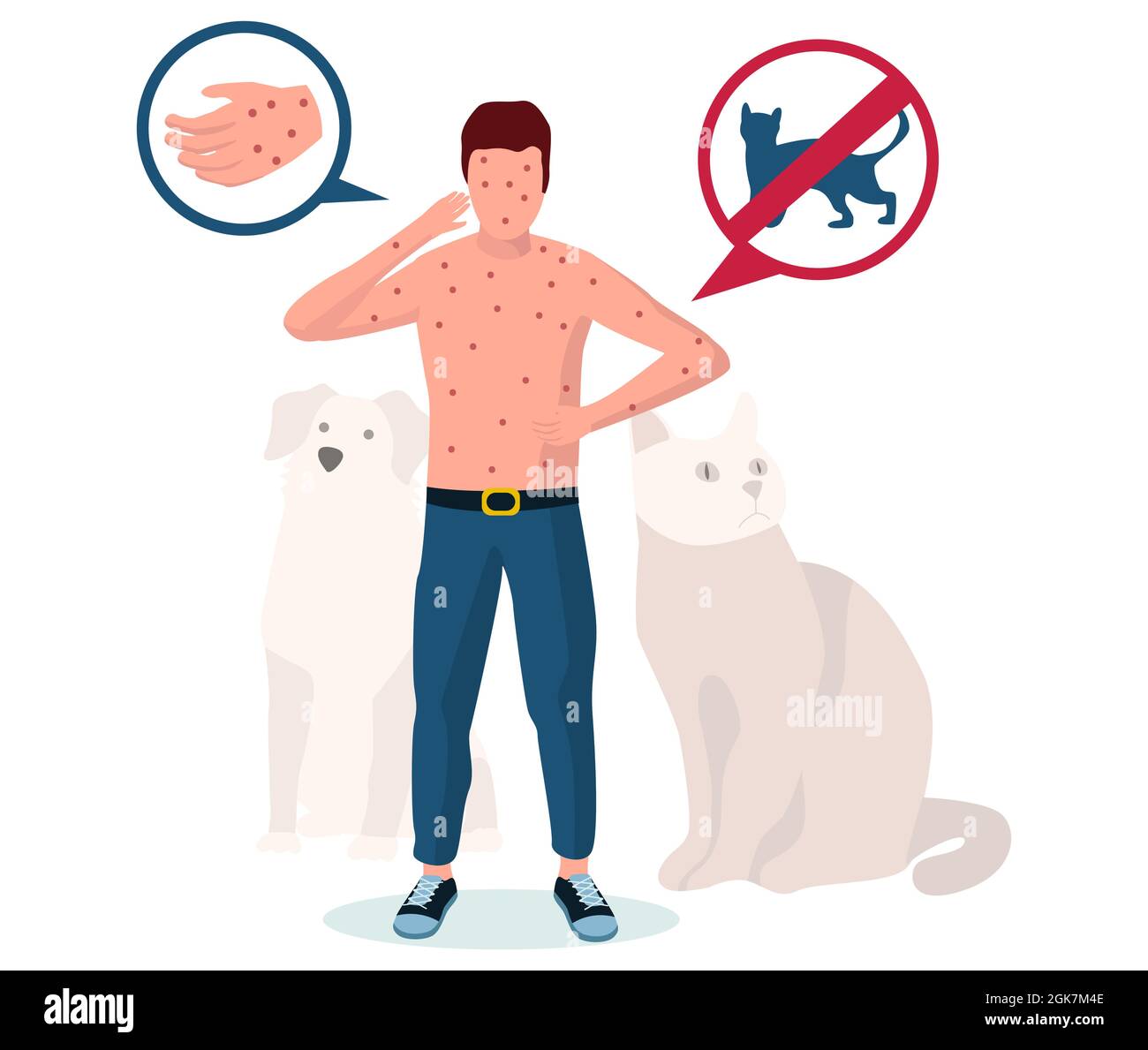 Allergie animale. Homme souffrant d'éruptions cutanées, de l'urticaire, de l'eczéma, de démangeaisons cutanées, illustration vectorielle plate. Dermatite allergique. Symptômes et traitement des allergies aux animaux de compagnie. Illustration de Vecteur