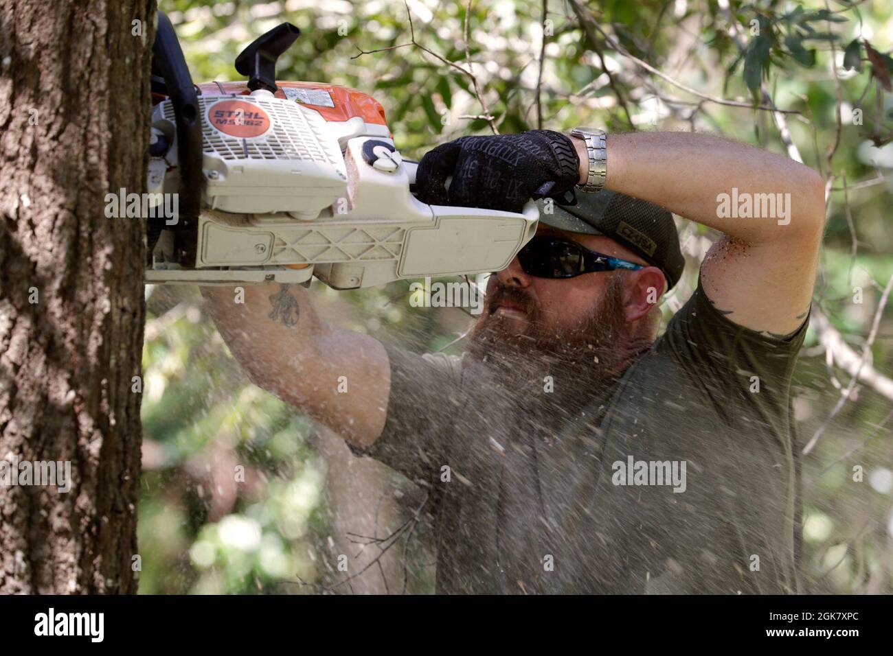 Un agent de la patrouille frontalière des États-Unis de la station de patrouille frontalière de Lake Charles utilise une tronçonneuse pour dégager les arbres en aval d'une résidence à la suite de l'ouragan Ida près de Baton Rouge, en Louisiane, le 31 août 2021. Banque D'Images