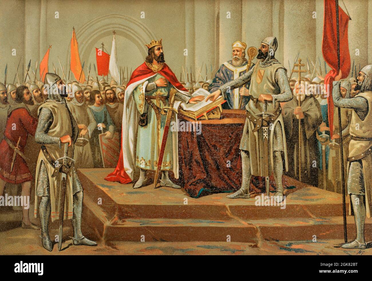 Légende médiévale de l'Oath de Santa Gadea. Le roi de León Alfonso VI a été forcé de prêter serment public dans l'église de Santa Gadea à Burgos, en 1072, qu'il n'avait pas participé au meurtre de son frère, le roi Sancho II Chromolithography. Historia général de España (Histoire générale de l'Espagne), par Miguel de Morayta. Volume II Madrid, 1889. Banque D'Images
