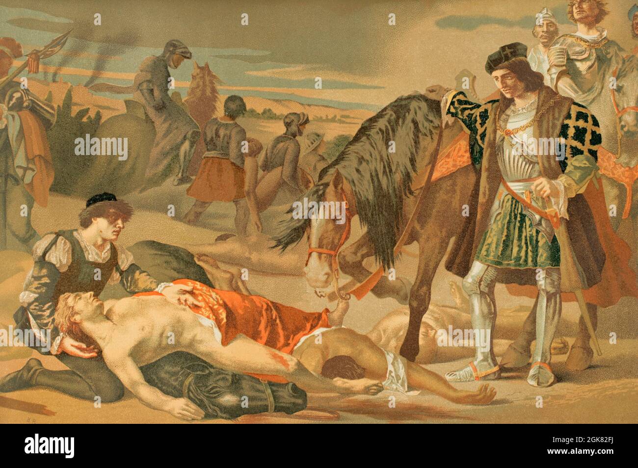 Seconde guerre italienne (1499-1504). Lutte entre l'Empire espagnol et le royaume de France. L'armée espagnole a été envoyée en Italie par les monarques catholiques dans le but de récupérer le royaume de Naples, saisi par la France de l'Espagne. Gonzalo Fernández de Córdoba 'le grand capitaine' (1453-1515) avant le cadavre de Louis d'Armagnac (1472-1503), Duc de Nemours, est mort au combat pendant la bataille de Ceriñola, 1503. Illustration, copie de la peinture 'les deux caudillos' de Casado del Alisal. Chromolithography. Historia général de España (Histoire générale de l'Espagne), par Miguel Morayta. Volume III Madrid, Banque D'Images