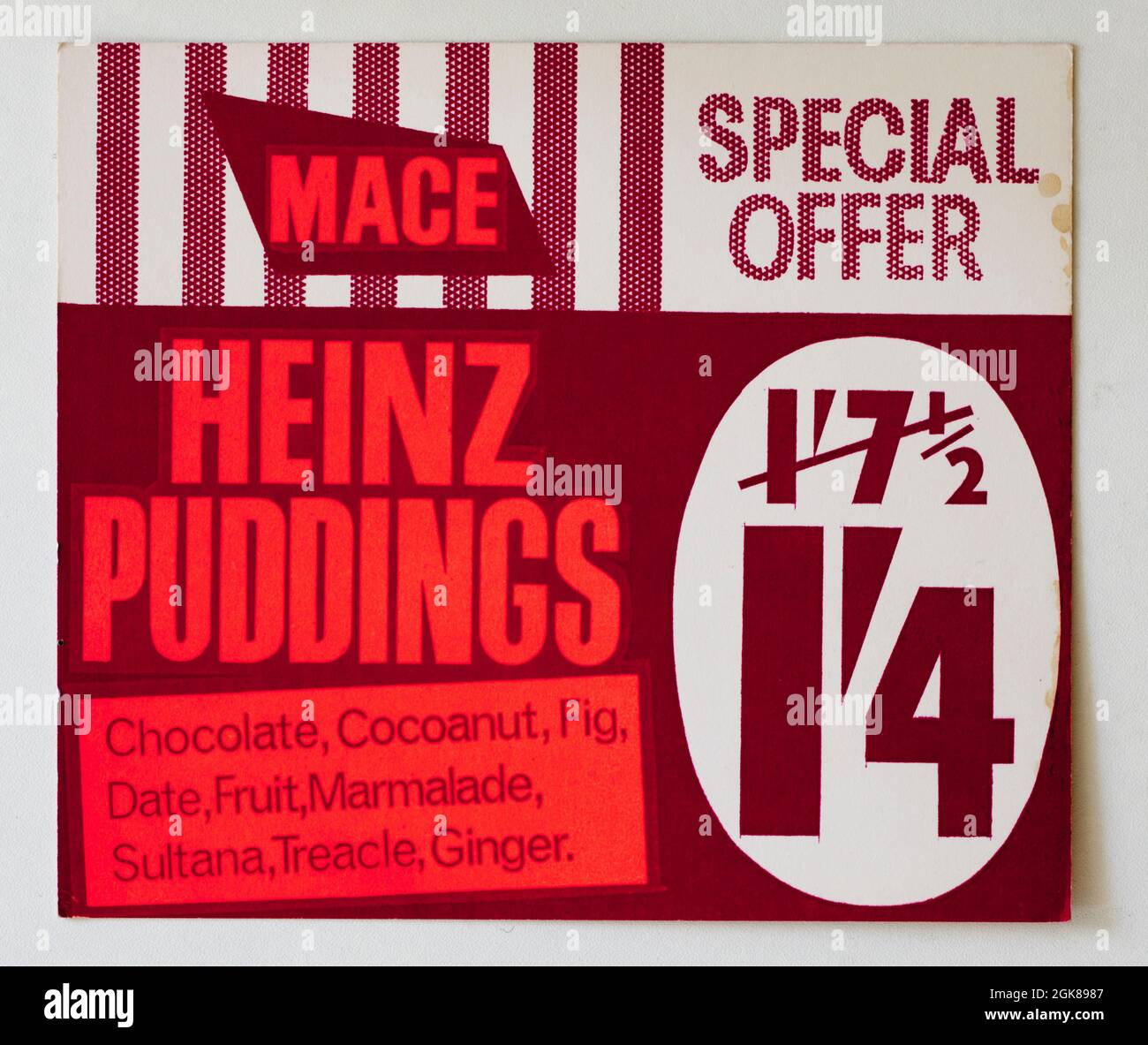 Carte de démonstration de prix de boutique vintage des années 1960 - Heinz puddings Banque D'Images