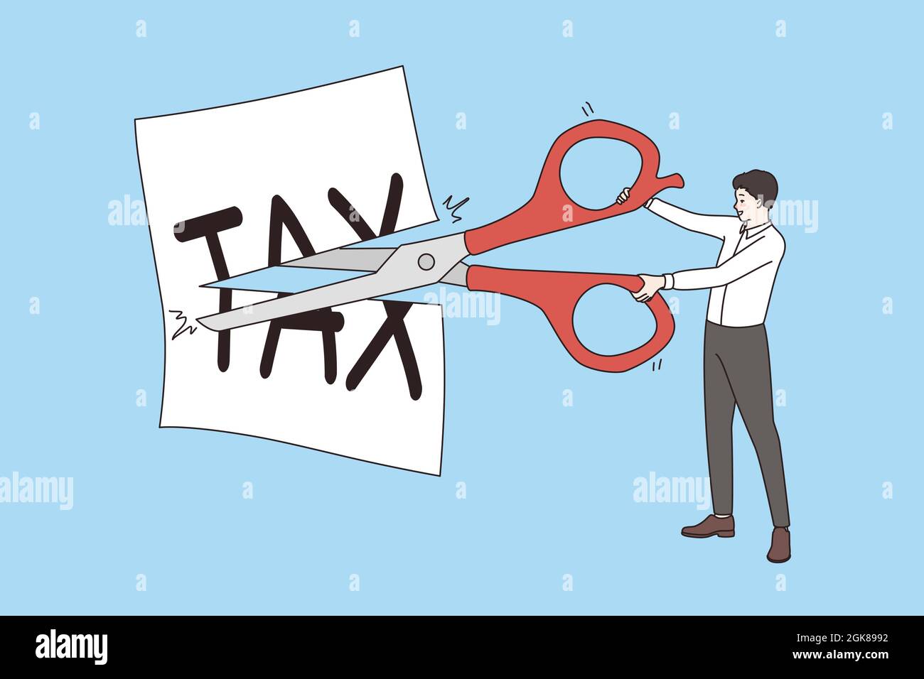 Réduction et réduction de l'impôt. Homme d'affaires debout avec des ciseaux  réduisant l'impôt écrit sur le papier blanc réduisant faisant moins  d'illustration vectorielle Image Vectorielle Stock - Alamy
