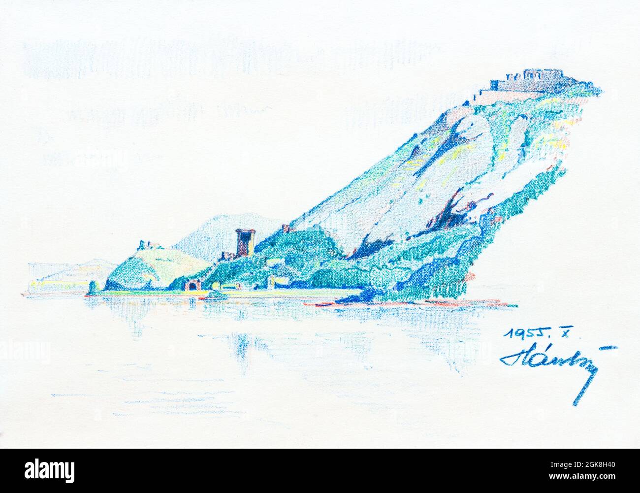 Dessin en couleur du Danube au château de Visegrad, Dunakanyar, Hongrie dessiné par Gyorgy Hars Banque D'Images