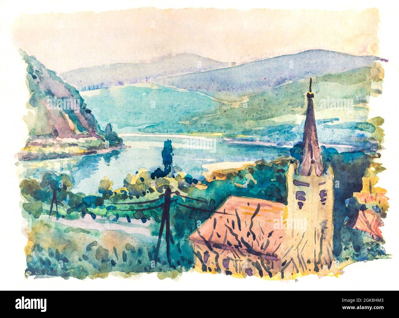 Peinture aquarelle de Dunakanyar (coude du Danube) avec l'église réformée de Domos, Hongrie dessinée par Gyorgy Hars Banque D'Images