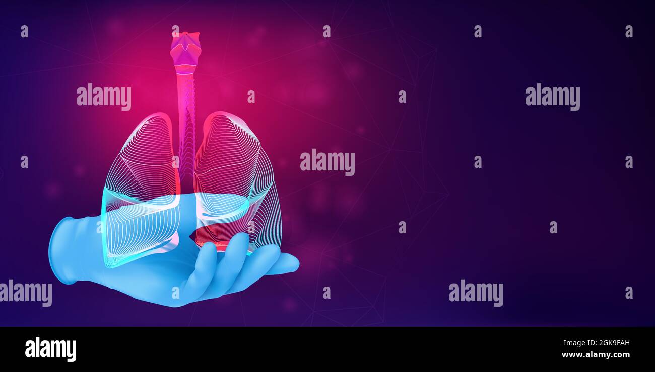Poumons humains sur la main d'un médecin dans un gant en caoutchouc réaliste. Concept médical anatomique 3D avec la silhouette d'un organe humain sur fond abstrait. Illustration de Vecteur