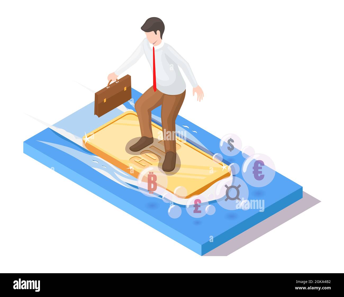 Surfeur homme d'affaires avec valise à cheval lingot d'or sur la vague de l'océan, illustration vectorielle isométrique.Investir dans l'or. Illustration de Vecteur