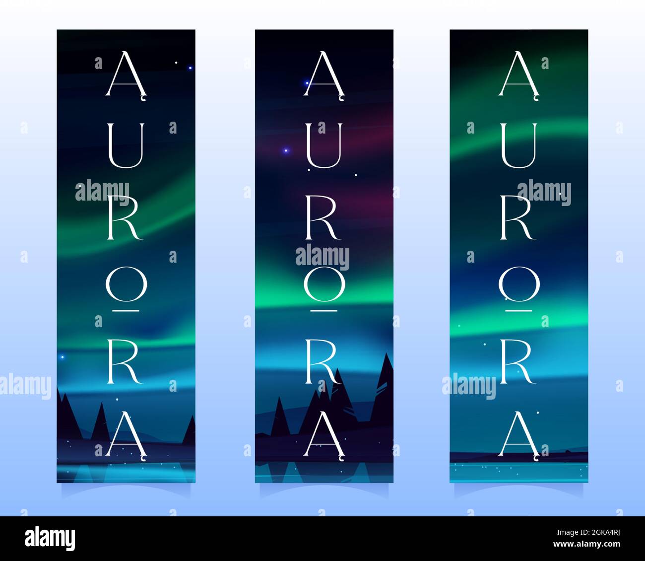 Aurora borealis, lumières du nord dans le ciel nocturne arctique avec des étoiles sur des signets. Bannières verticales vectorielles avec paysage d'hiver avec lac, silhouettes d'arbres et lumières polaires Illustration de Vecteur