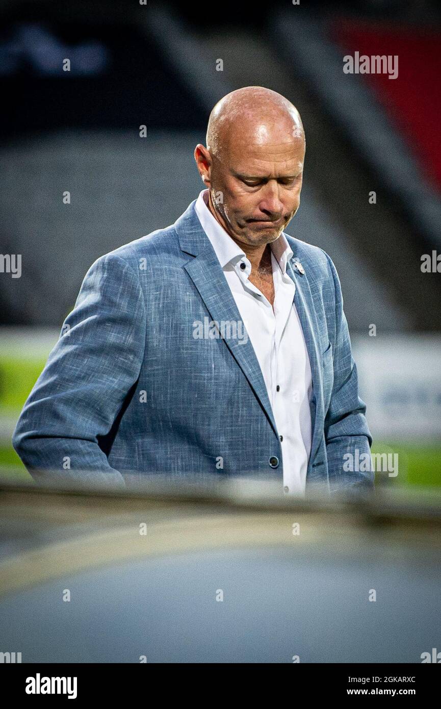 Aarhus, Danemark, 12 septembre 2021. Peter Sorensen, entraîneur-chef de Vejle, vu lors du match 3F Superliga entre Aarhus GF et Vejle Boldklub au parc Ceres d'Aarhus. (Crédit photo: Gonzales photo - Morten Kjaer). Banque D'Images