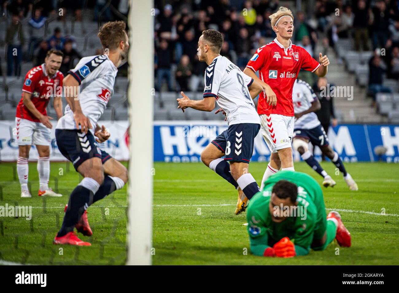 Aarhus, Danemark. 12 septembre 2021. Mikael Anderson (8) de l'AGF a obtenu des scores pour 1-0 lors du match 3F Superliga entre Aarhus GF et Vejle Boldklub au parc Ceres d'Aarhus. (Crédit photo: Gonzales photo - Morten Kjaer). Banque D'Images