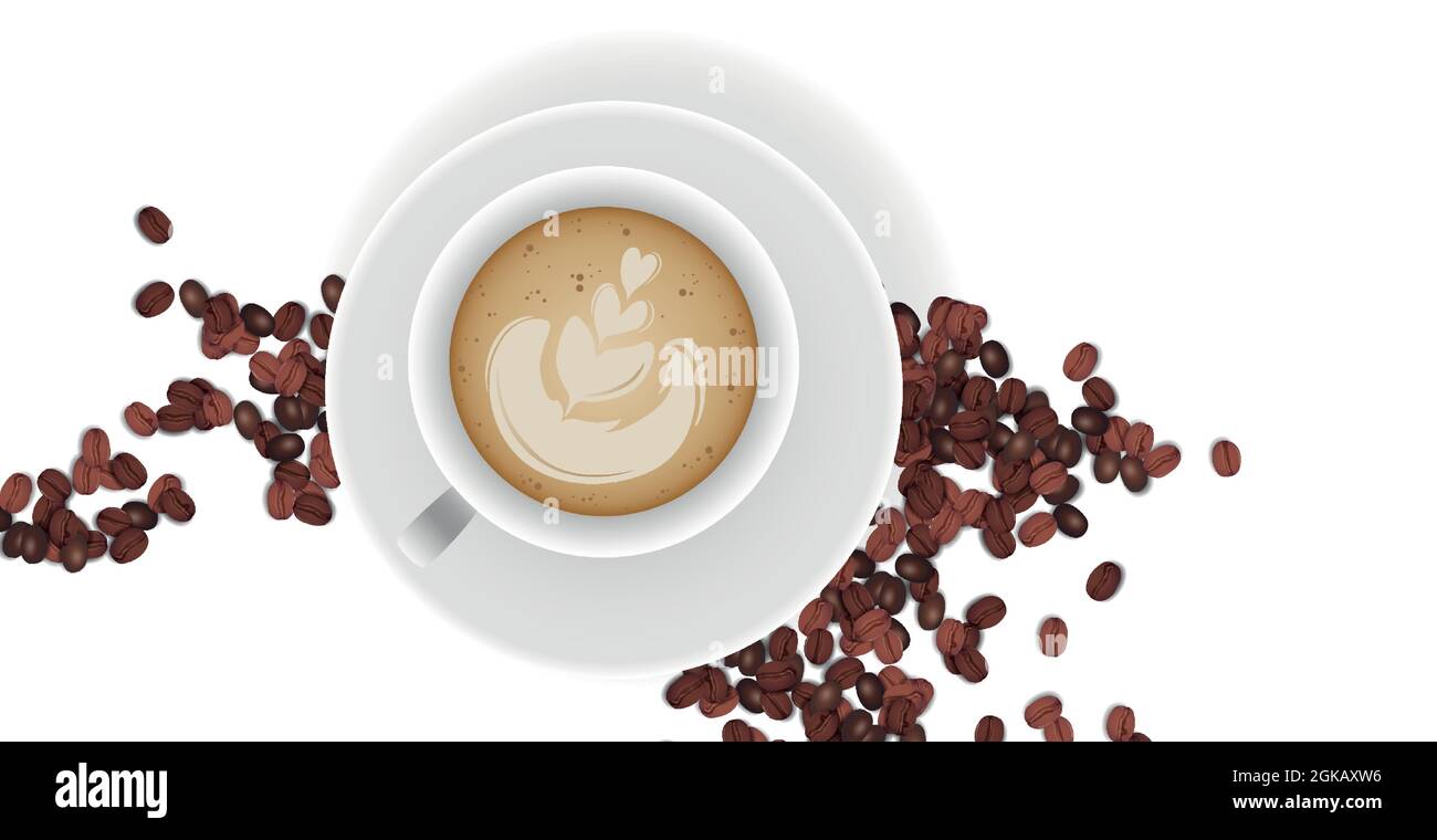 Cappuccino et grains de café réalistes sur fond blanc - illustration