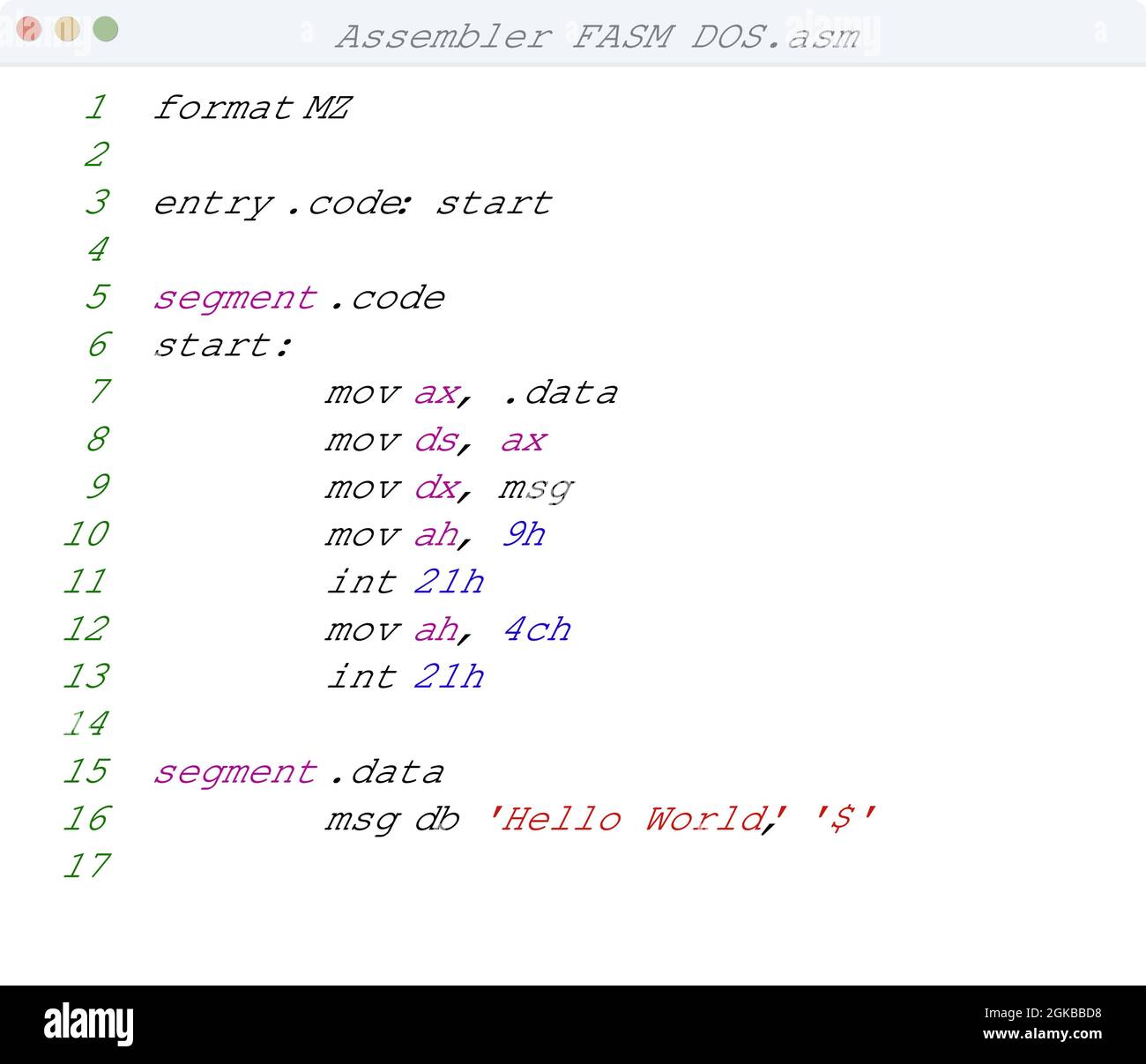 Assembleur FASM langue DOS Hello World exemple de programme dans l'illustration de la fenêtre de l'éditeur Illustration de Vecteur
