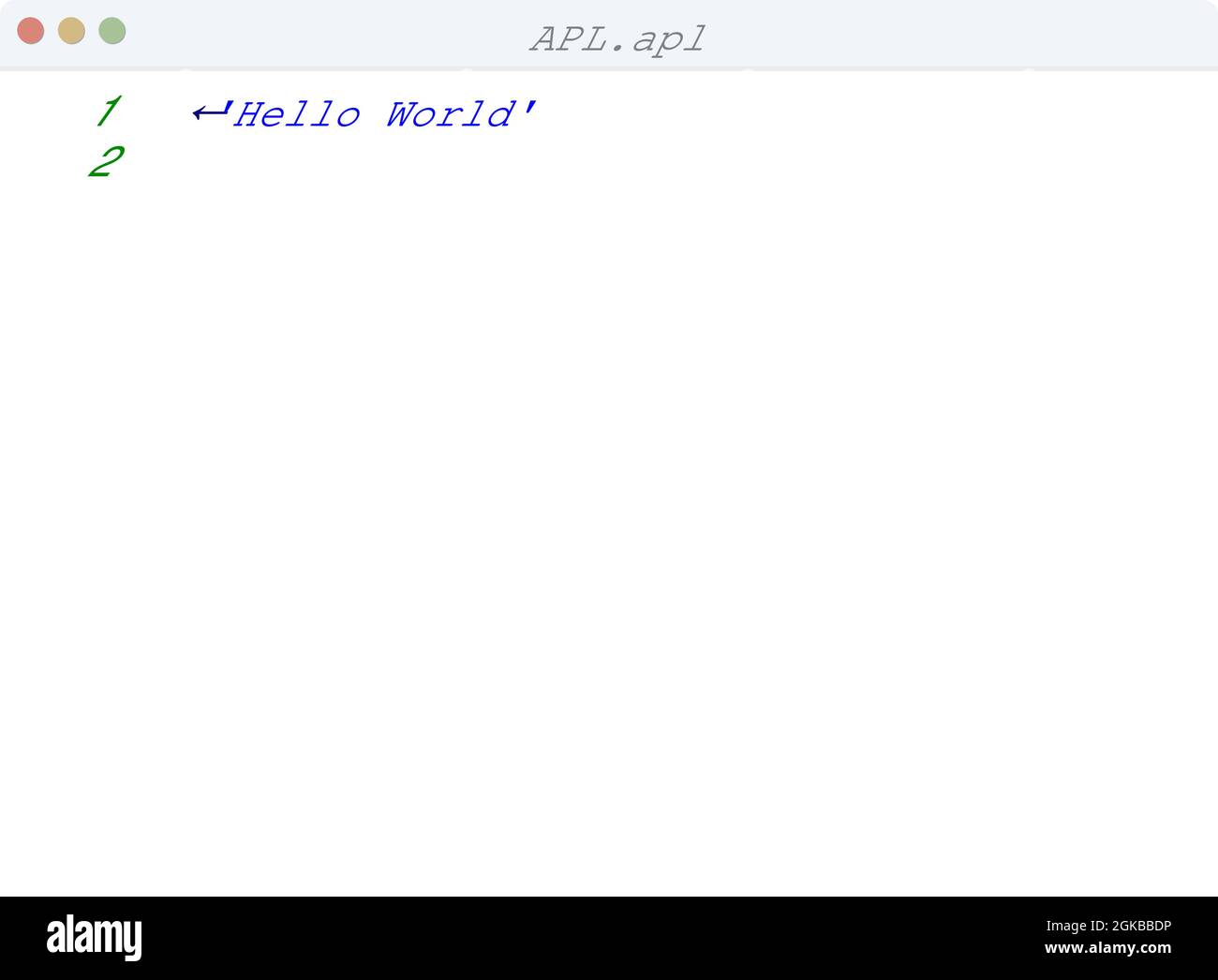 Exemple de programme Hello World de langue APL dans l'illustration de la fenêtre de l'éditeur Illustration de Vecteur