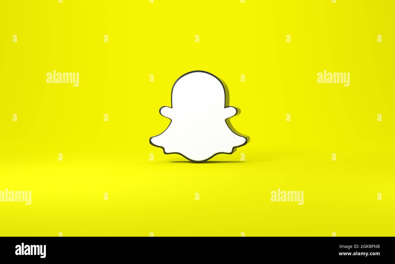 Logo Snapchat avec espace pour le texte et les graphiques. Arrière-plan jaune. rendu 3d. Banque D'Images