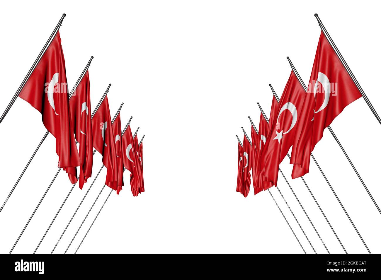 De nombreux drapeaux de dinde sont accroché sur des poteaux diagonaux de gauche et de droite isolés sur blanc - n'importe quelle illustration 3d de drapeau de fête Banque D'Images