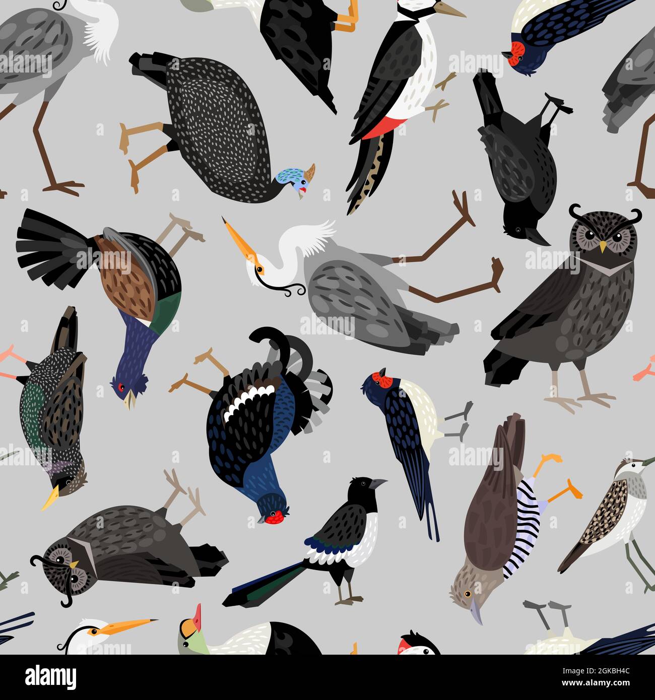 Motif vectoriel sans couture avec de jolis oiseaux sur fond gris Illustration de Vecteur