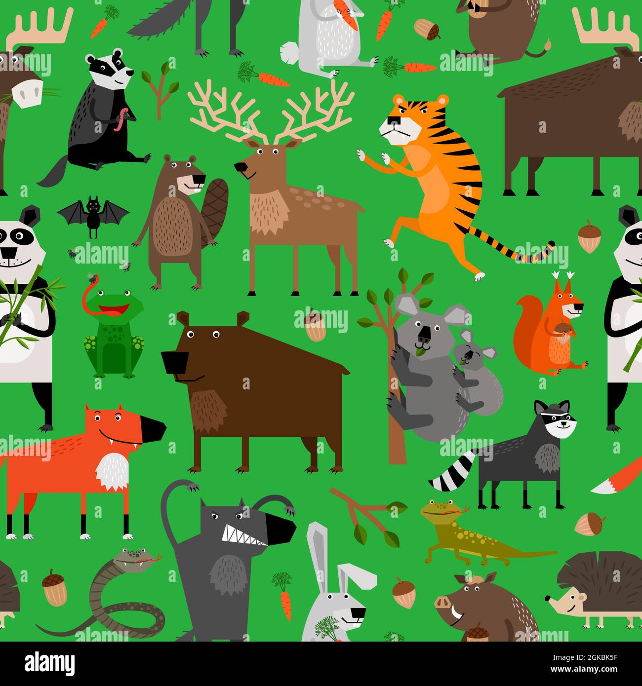 Motif sans couture avec animaux de la forêt sur fond vert Illustration de Vecteur