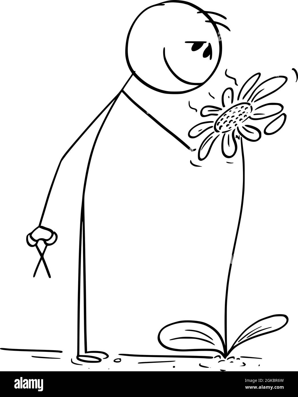 Le jardinier ou la personne apprécie l'odeur de fleur en fleur dans le jardin, le dessin animé vectoriel de bâton figure ou l'illustration de caractère. Illustration de Vecteur