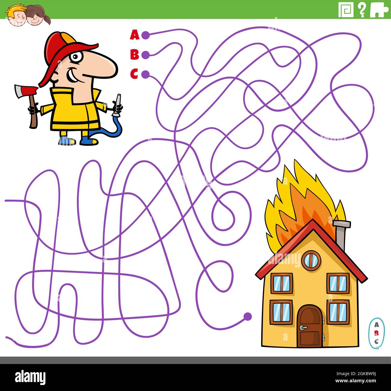 Dessin animé illustration de lignes labyrinthe jeu de puzzle avec le personnage de pompier et la maison de combustion Illustration de Vecteur