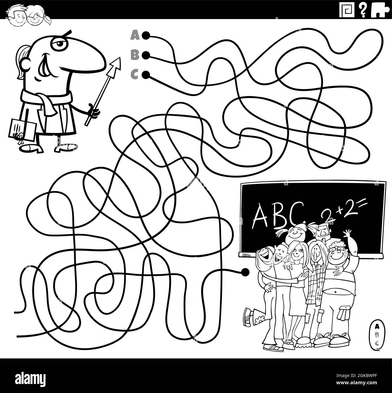 Dessin animé noir et blanc illustration de lignes labyrinthe jeu de puzzle  avec le personnage d'enseignant et les élèves dans la page de livre de  coloriage de classe Image Vectorielle Stock -