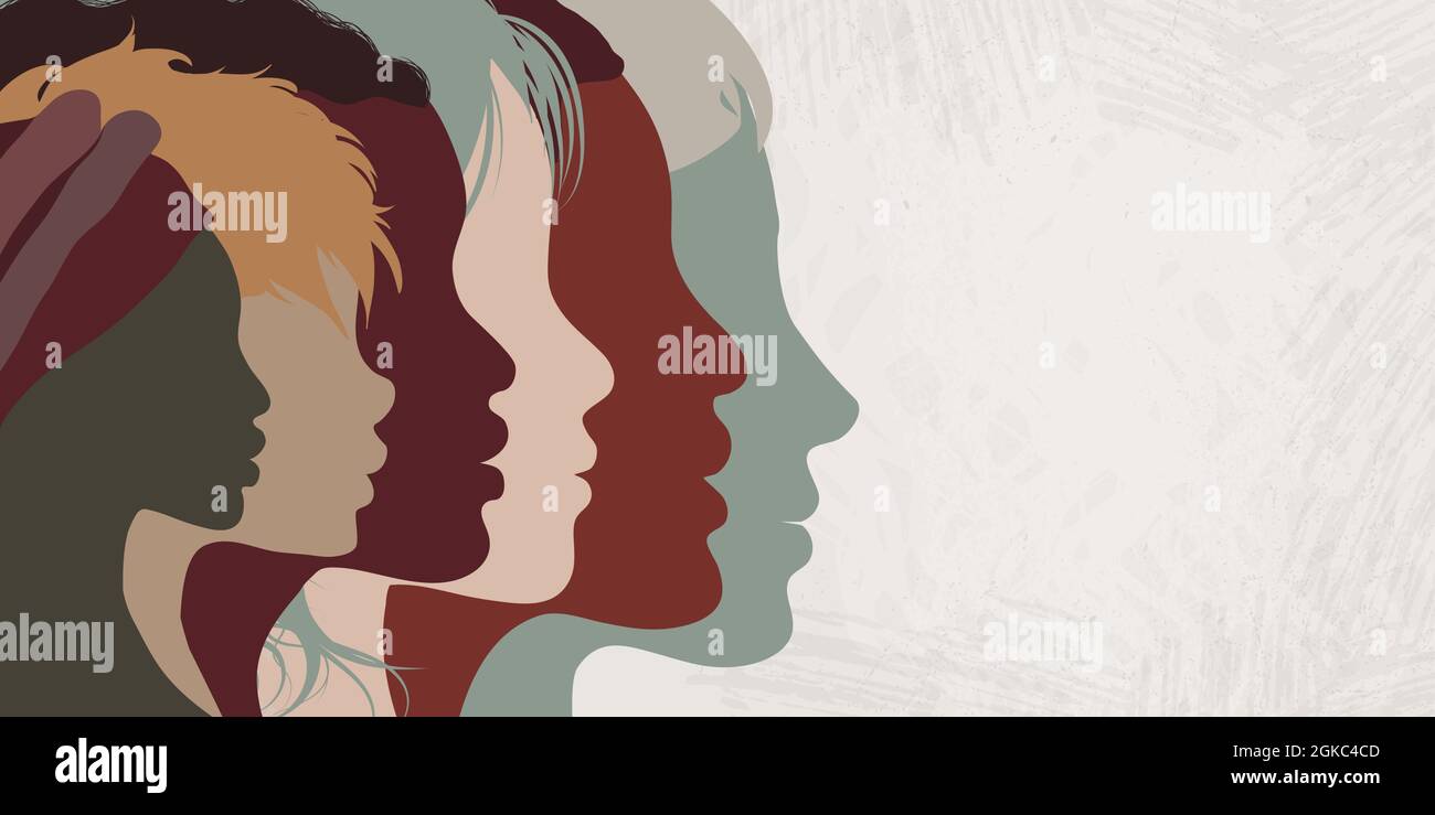 Gros plan silhouette visages multiculturels multiethniques femmes profil.concept d'égalité raciale possibilités de justice anti-racisme et allyship. Illustration de Vecteur