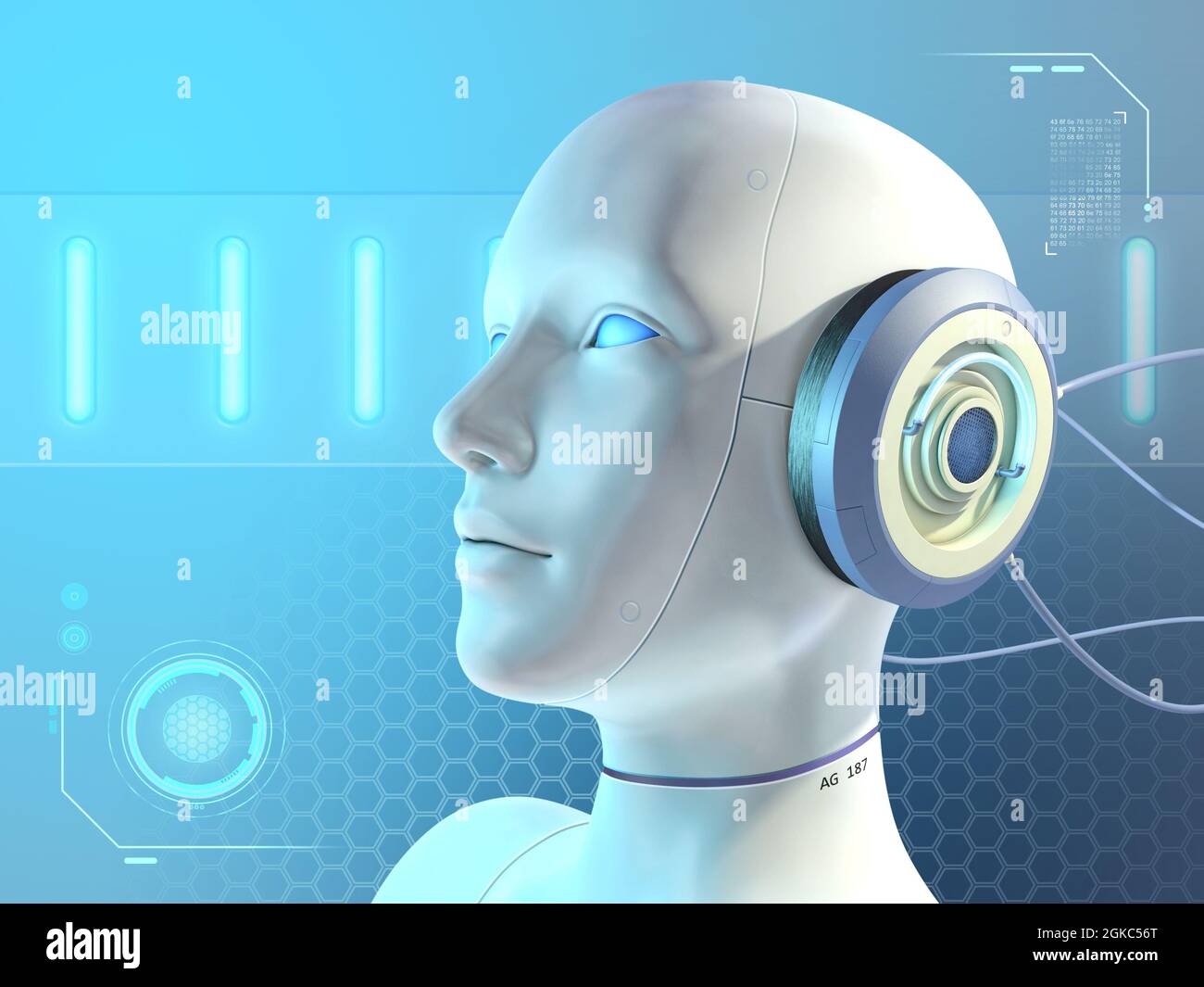 Robot humanoïde portant un appareil futuriste sur sa tête. Illustration numérique Banque D'Images