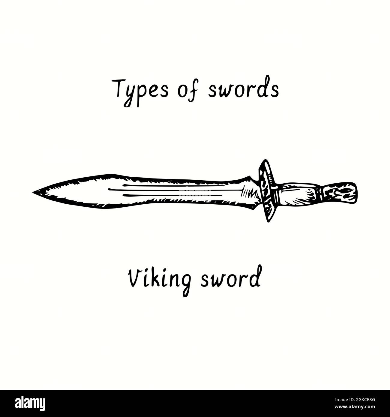 Types de mots-clés. Épée Viking. Dessin d'une boisée noire et blanche à l'encre. Banque D'Images