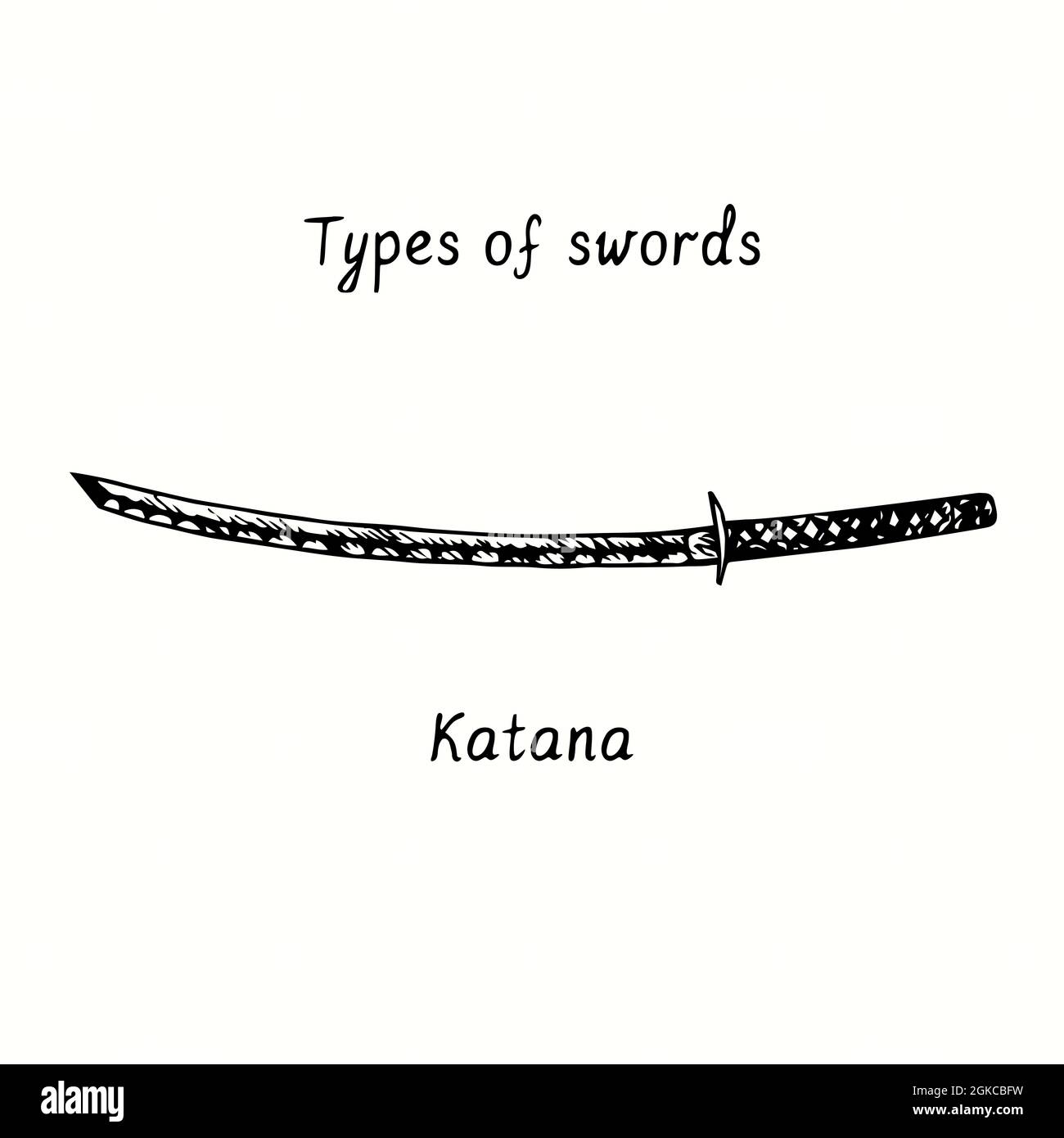 Types de mots-clés. Katana. Dessin d'une boisée noire et blanche à l'encre. Banque D'Images