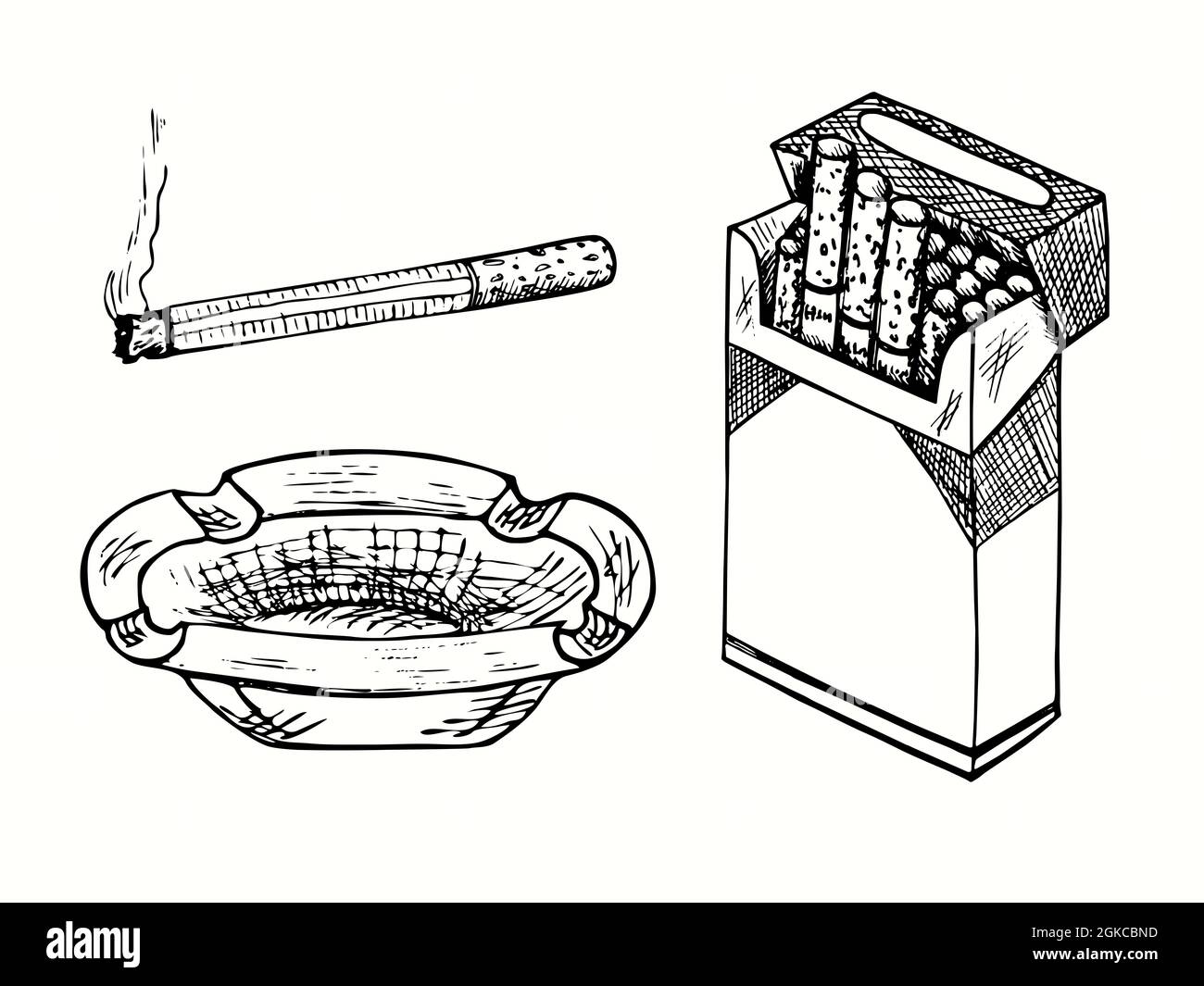 Cendrier tiré à la main, cigarette avec lignes de fumée, paquet de cigarettes ouvert. Illustration de dessin noir et blanc Banque D'Images