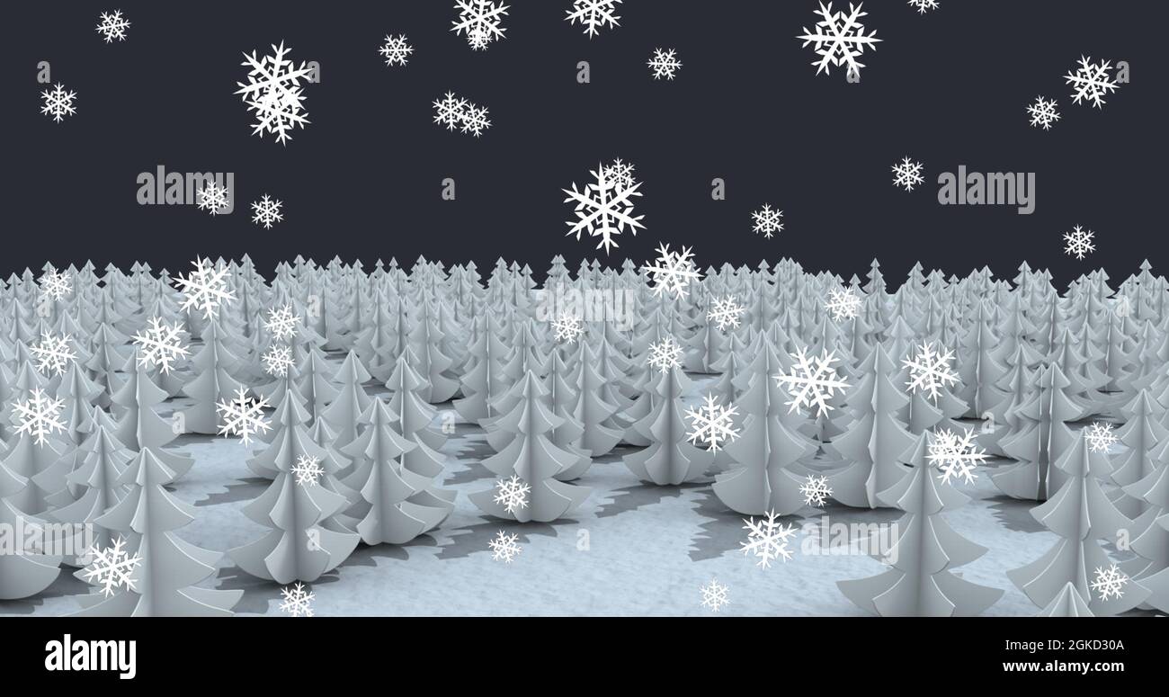 Image numérique des flocons de neige tombant sur plusieurs arbres en paysage hivernal Banque D'Images