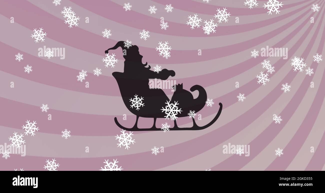 Image de la silhouette noire du père noël en traîneau avec chute de neige et rayures violettes dans le b Banque D'Images